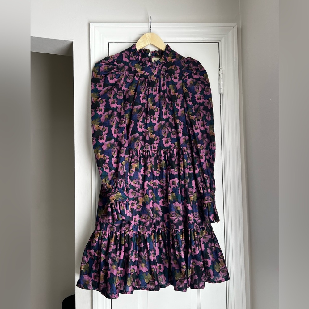 Tish Cox Floral Ruffle Neck Long Sleeve Tiered Dress, XS